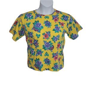 NEW VINTAGE 90s yellow bright bold floral short sleeve t-shirt‎ top M